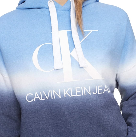 NEW Hoodie CK Jeans Crop Top Calvin Klein Ombre Blue Color Block Pullovr Women L - Picture 1 of 7